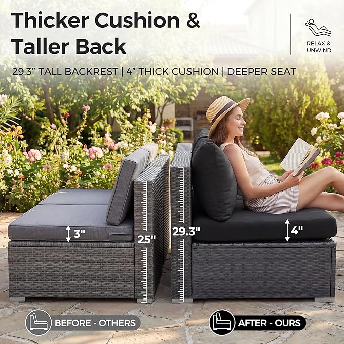NICESOUL 7 Piece Outdoor Furniture Set with Fire Pit Table Natural Gas & Propane Convertible, 29.3'' High Back Extra Large Rattan Patio Modular Sectional Conversations, 2 Color Cushion Black & Gray