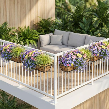 4pcs 30 Inch Window Deck with Coco Liner, 30" Window Boxes Horse Trough with Coconut Coir Liner, Metal Hanging Flower Planter Window Basket Deck Railing Planter Boxes for Outdoor Indoor Lawn