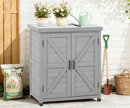 Outdoor Potting Bench with Storage Cabinet and Metal Top, Wood Workstation for Outdoor Patio, Garden (Classic Grey, 31x17x36‘’)