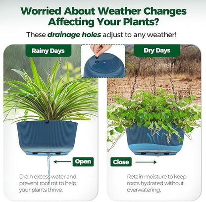 T4U 8 Inch Hanging Planters for Indoor Outdoor Plants, Self Watering Hanging Pot Pack of 2, Hanging Pots with Drainage Hole & Plug & Chain with 3 Hooks for Garden Home Decor, Blue