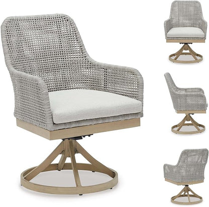 Signature Design by Ashley Seton Creek Cottage Nuvella Weather Resistant Fabric Outdoor Swivel Dining Chair with Cushion, Set of 2, Light Brown & Light Gray