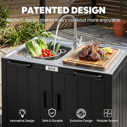 Outdoor Kitchen Island with Stainless Steel Sink and Storage Cabinet, 35-Inch BBQ Prep Station with Faucet & Lockable Wheels for Patio, Backyard, and Outdoor Cooking, Black & Silver