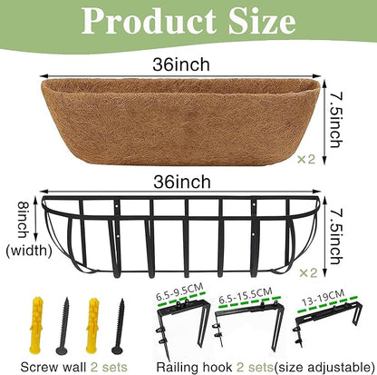 36 Inch Railing Planter Window Box Deck Balcony Rail Planter with Coco Liner Metal Wall-Mounted Coconut Liner Planters Basket Horse Trough Planters for Outdoor Balcony Porch Fence Patio (2 Pack)