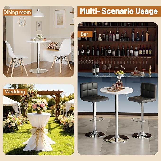 Flamaker Round Bistro Pub Table 23.6 Inch Height Adjustable 360° Swivel Bar Table Metal Base for Pub, Dining Room, Party (2, White-Silver)