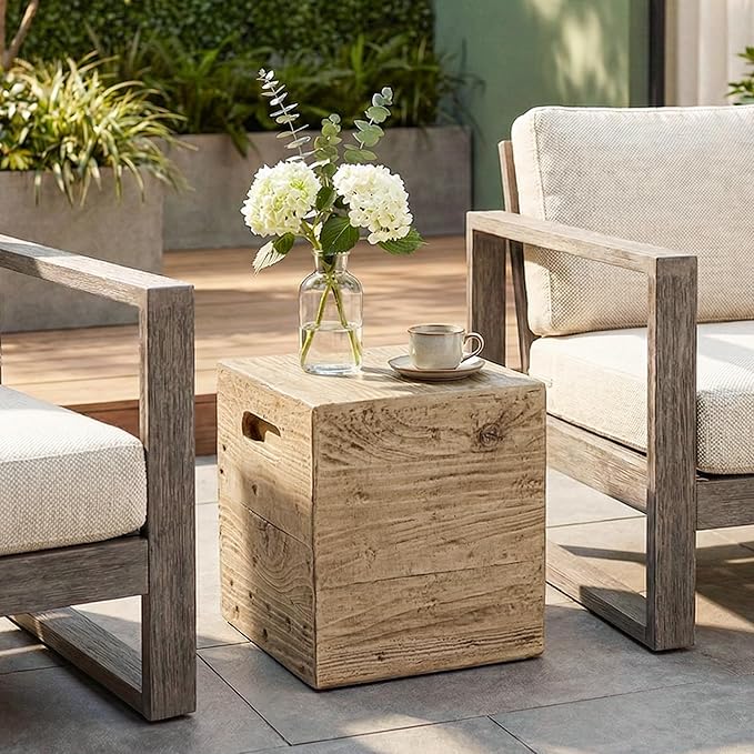 COSIEST Wooden Outdoor Side Table, Square MgO Concrete End Patio Side Table, Lightweight Cylinder Top Plant Stand with Square Base for Garden and Deck