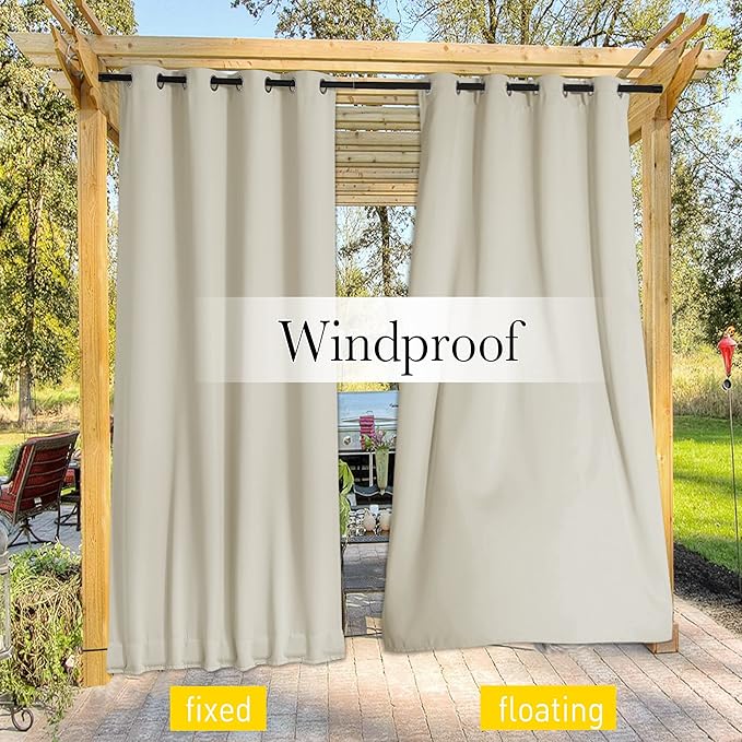 NICETOWN 2 Panels Outdoor Curtains for Patio Waterproof & Windproof, Extra Wide Grommet & Back Tab on Top & Bottom Thermal Insulated Sun Blocking Drapes with Rope for Gazebo, Beige, W100 x L108