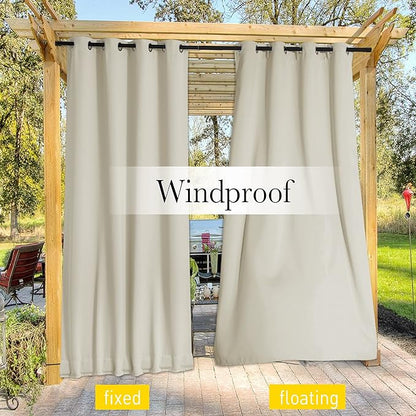 NICETOWN 2 Panels Waterproof Outdoor Curtains Fixed Grommet & Back Tab on Top & Bottom, Thermal Insulated Keep Rain & Sun Out Privacy Windproof Outdoor Draperies with Rope, W52 x L72, Beige