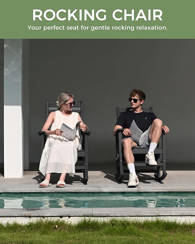 Rocking Chair, Outdoor HDPE Rocker in Black with 30-Inch High Back