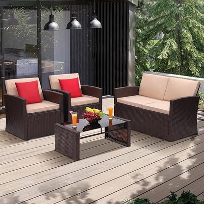 4-Piece Patio Furniture Set, Wicker Outdoor Rattan Sectional Sofa with Cushions and Glass Table, All-Weather Outdoor Conversation Set, Ideal for Garden, Porch, Backyard, Beige
