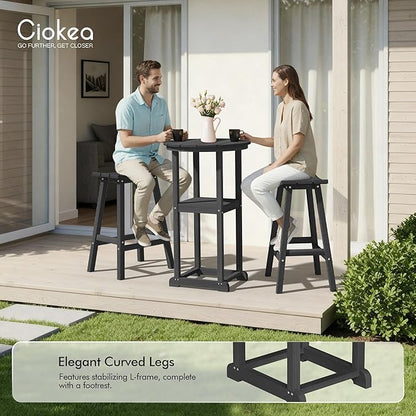 Ciokea 3 Pcs Compact Outdoor Bar Set, Space-Saving Round Bistro Set with 2 Backless Saddle Stools & Storage Shelf, All-Weather HDPE High-Top Table Set for Small Balcony, Patio and Poolside, Black