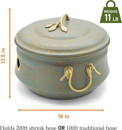 Sedona Hose Pot with Lid, Brass Accents, holds up to 100-Feet of Hose By Good Directions