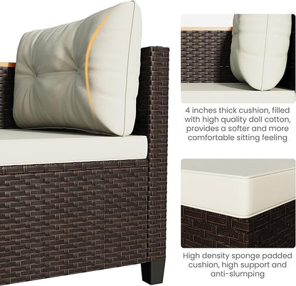 Wisteria Lane Small Patio Furniture Set, All-Weather Wicker Outdoor Sectional with Cushions, L Shape Outdoor Couch with Storage Table, 3 Piece PE Rattan Patio Furniture for Balcony, Beige