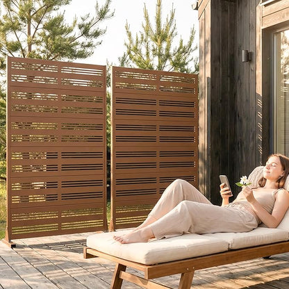 Casaphoria Metal Privacy Screen Outdoor, 72" H x 47" W Freestanding Decorative Privacy Screen for Patio Deck Balcony Garden with Stable Base, Brown-Harold