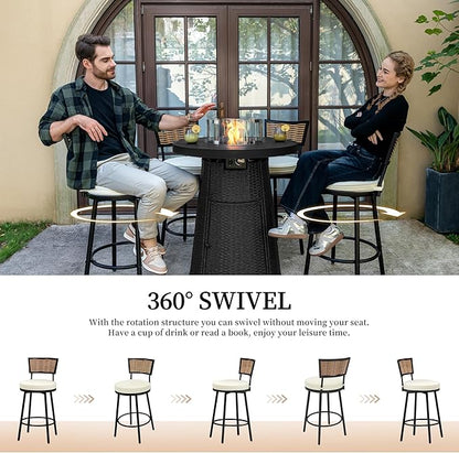 PIZZELLO 5-Piece Patio Swivel Bar Set with 37" Height Propane Round Firepit Table and High Swivel Stools Chair Set of 4, Outdoor High Top Bistro Set for Poolside, Garden, Balcony(Black)