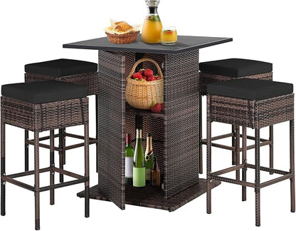 Tangkula 5 Piece Outdoor Rattan Bar Set, Patio Bar Furniture with 4 Cushions Stools and Smooth Top Table with Hidden Storage Shelf, Outdoor Conversation Set for Poolside, Backyard, Lawn
