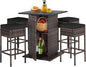 Tangkula 5 Piece Outdoor Rattan Bar Set, Patio Bar Furniture with 4 Cushions Stools and Smooth Top Table with Hidden Storage Shelf, Outdoor Conversation Set for Poolside, Backyard, Lawn