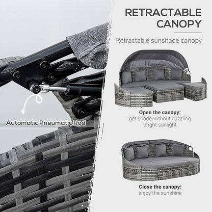 Outsunny 4-Piece Outdoor Rattan Furniture Set, Round Convertible Patio Daybed or Sunbed, Sectional Sofa with Canopy, Pillows, Cushions, Footrest, Table, PE Plastic Wicker, Gray