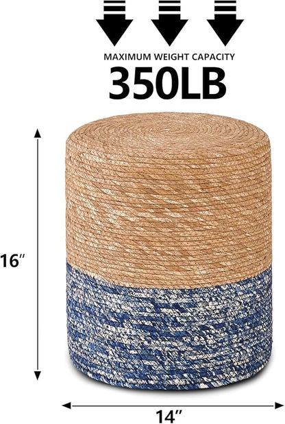 Wimarsbon Natural Seagrass Foot Stool, Hand Weaving Round Ottoman, for Living Room, Outdoor Seat (Natural & Blue)
