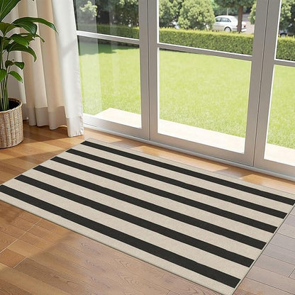 Outdoor Rug Door Mat, Black and White Stripe, 2 x 4.3 ft