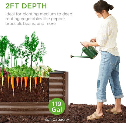 Best Choice Products 4x2x2ft Outdoor Metal Raised Garden Bed, Deep Root Box Planter for Vegetables, Flowers, Herbs, 119 Gallon Capacity, 100% Non Toxic Materials - Dark Brown Wood Grain