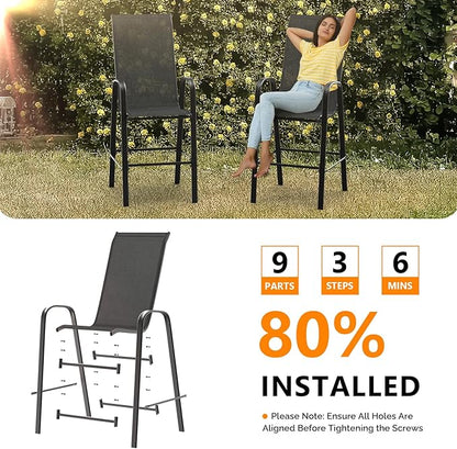VINGLI Outdoor Bar Chairs Set of 6 – Stackable Outdoor Bar Stools with Sturdy Sling High Back and Armrests for Lawn, Courtyard, Garden, Bar, Black