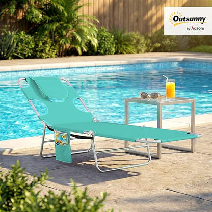 Outsunny Chaise Lounge Chair Outdoor with Face Arm Hole, 5-Position Reclining Face Down Tanning Chair with Carry Strap, Side Pocket, Portable Folding Bed Cot for Patio Beach Pool, Light Green