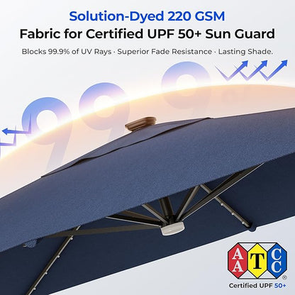 HOMSHADE 10 ft Square Cantilever Patio Umbrella with Base Included, Solar Lights Large Umbrella Outdoor Patio with 360°Rotation&Tilting, LED Lighted Offset Umbrellas w/Stand for Pool Deck