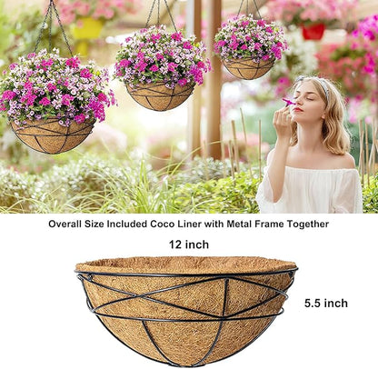 2 Pack 12 Inch Hanging Planters for Outdoor Plants Metal Watering Flower Baskets with Coco Liner for Hanging Pot Round Plant Holders Planter for Outside Garden Decor