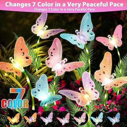 Solar Lights Outdoor Decorations Waterproof Newest Solar Garden Lights with Glowing Stems, 7-Color Changing Butterfly Flower Light for Outside Yard Pathway Garden Decor, Gift for Mother,2Pack