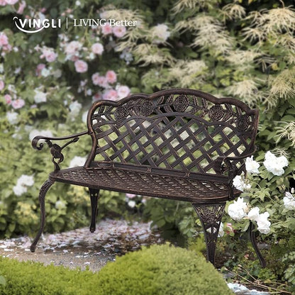 VINGLI 42.5" Patio Garden Bench Outdoor Metal Rose Loveseat, Cast Iron Cast Aluminium Frame Antique Finish Park Chair, Accommodates 2-3 People