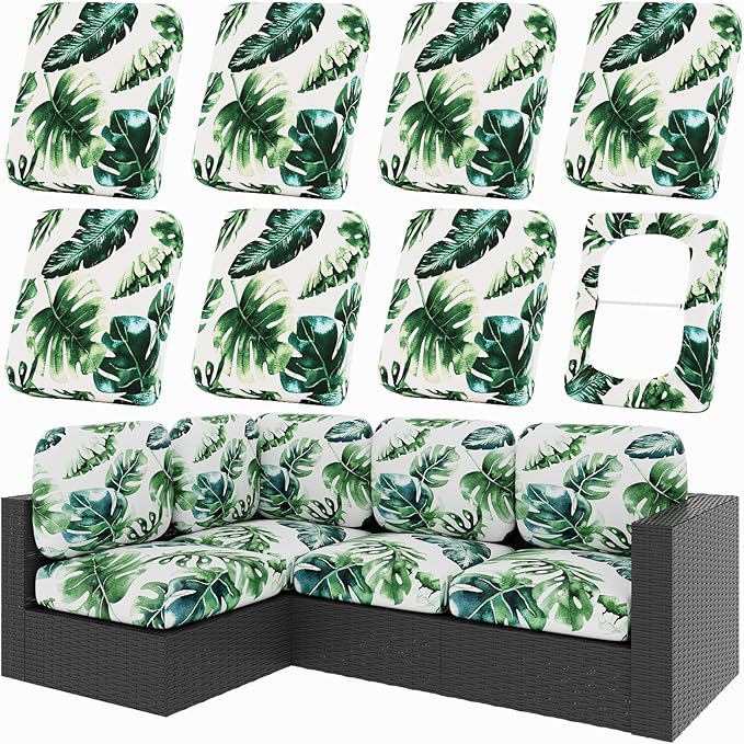 Cushion Covers, 8-Piece Set in Monstera Deliciosa, Stretchy Outdoor Fit