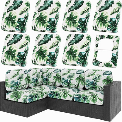 Cushion Covers, 8-Piece Set in Monstera Deliciosa, Stretchy Outdoor Fit