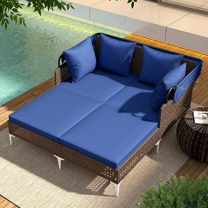 Tangkula Outdoor Rattan Daybed with Retractable Canopy, Boho Patio Wicker Sunbed with Metal Support, Pillows & Cushions, Outdoor Double Chaise Lounge with Shade for Backyard, Poolside, Deck & Balcony
