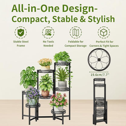 Plant Stand Indoor Outdoor, 7 Tier Large Plant Stand with 7.9-Inch Wide Drainage Tray, Tiered Corner Metal Iron Flower Display Holder Shelf, Folding Tall Rack for Patio Balcony Porch - BlackFlower