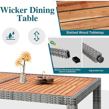 Shintenchi 7 Piece Patio Dining Set, Wicker Patio Conversation Set with Wooden Table Top, Outdoor Table and Chairs with Soft Cushions for Backyard, Deck and Garden, Grey Wicker