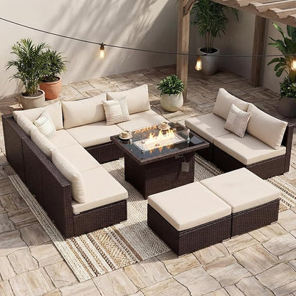 NICESOUL 10 Piece Patio Furniture Sectional Set with Fire Pit Propane/Natural Gas Convertible, 29.3'' High Back Deep Wide Outdoor Couch, 9 Seater Oversized High-End Wicker Conversation Sofas, Brown
