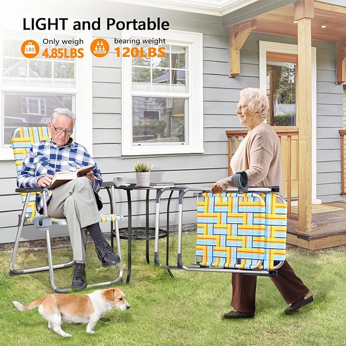 Patio Dining Chairs Set of 2 Folding Aluminum Yellow with Cup Holder