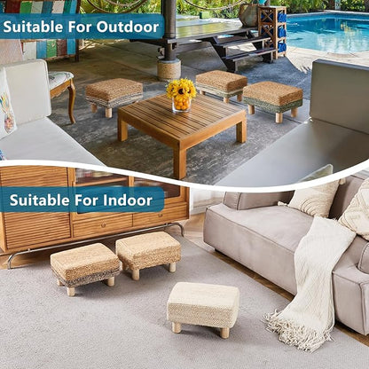 Wimarsbon Natural Seagrass Footstool Ottoman Rectangular Footrest Pouf Ottomans with Wooden Legs Hand Weave Step Stool for Living Room Bedroom Entryway Natural