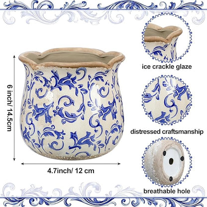 6 Inch Ceramic Plants Pots Vintage Ceramic Flower Planters Crackle Glaze Finish Flower Pots Decorative Floral Vintage Planters for Living Room Garden Home Decor Gifts(Chinoiserie)