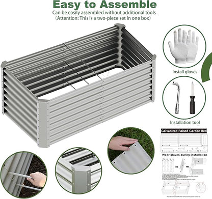 4x2x2ft(2 Pack) Raised Garden Bed Kit, Galvanized Planter Garden Boxes Outdoor, Metal Raised Garden Beds for Vegetables,Fruits, Flower,Silver