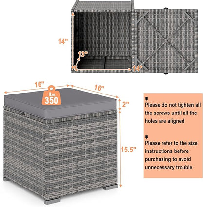 RELAX4LIFE Wicker Outdoor Storage Ottoman - 2-Piece Rattan Footstool w/Removable Cushion, Multipurpose Footrest Foot Stool Seating, Set of 2 Outdoor Ottomans for Patio Deck (Mix Grey-Grey)