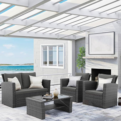 Wisteria Lane 4 Piece Patio Furniture Set, Wicker Outdoor Patio Conversation Furniture Set, All Weather Outdoor Patio Sofa with Cushion and Glass Table, Black
