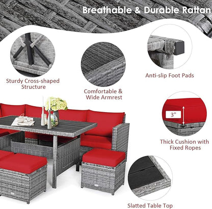 Tangkula 7 Pieces Patio Furniture Set, Outdoor Sectional Rattan Sofa Set with Cushions, All Weather Wicker Conversation Couch Set w/Dining Table & Ottomans for Backyard Garden Poolside