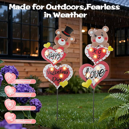 Lewondr 2 Pcs Valentine's Day Decorations Outdoor, Metal Solar Pathway Lights, Love Bear Decorative Garden Stakes Lights with 12 LED Beads, Waterproof Yard Signs for Porch Lawn Wedding Anniversary