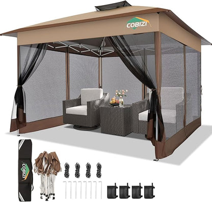 COBIZI 13x13 Pop Up Gazebos On Clearance Canopy Tent- Upgrade Metal Outdoor Canopy Waterproof - Portable Gazebo with Mosquito Nettings, 4 Ropes 8 Stakes and Carry Bag for Patio Garden(Brown)