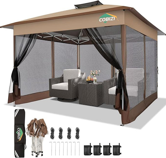 COBIZI 13x13 Pop Up Gazebos On Clearance Canopy Tent- Upgrade Metal Outdoor Canopy Waterproof - Portable Gazebo with Mosquito Nettings, 4 Ropes 8 Stakes and Carry Bag for Patio Garden(Brown)