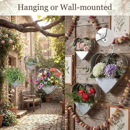 3 Pcs 3 Size Heart Metal Hanging Planter Indoor Outdoor, 13.4" 10.6" 7" Large Metal Plant Hangers Vintage Flower Pot with Hook Chain Drain Hole Gift for Gardener Women Mom Home Decor(Silver)