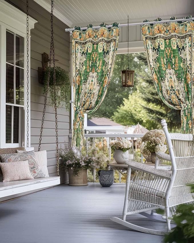 Ombre Green Boho Outdoor Curtains for Patio Waterproof, Grommet Privacy Curtain Drapes Weatherproof Outside Curtains for Porch GazeboPergola Cabana 1 Panel 54x108inch Vintage Ethnic Tribal Geometric