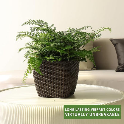 Dexceder 9x8 Self Watering Planter Indoor Outdoor, Inner Mat Design, Thickened Table Flower Plant Pot with Water Level Indicator (Brown Rattan)