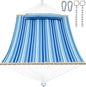 Double Quilted Fabric Tree Hammock with Spreader Bar, 12ft Hammocks 2 Person for Outside, Fits 11ft -13ft Hammock Stand, Large Pillow, Side Pocket & Carabiner, Max 475 lbs Capacity (Ocean Blue)